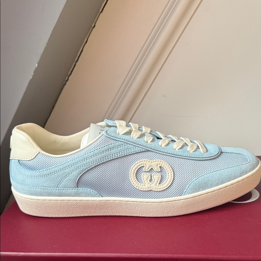 Gucci Light Blue & Cream Low-Top Suede Sneakers